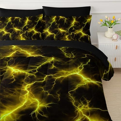 QOOMO Yellow Lightning 7 Pieces Comforter Set Queen,Neon Bedding Set