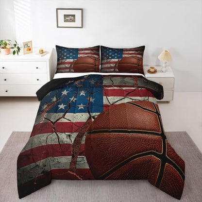 Erosebridal American Flag Comforter Set for Boys, Basketball Duvet Sets Queen Size, Retro Sports Games Bedding Set United States Federations Stars Stripes Duvet Insert for Teens Kids Adult Bedroom