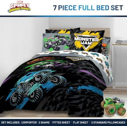 Monster Jam Trucks Full Size Comforter Set 7 Piece Kids Bedding, Black