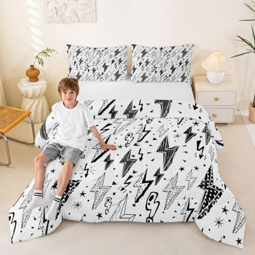 Homewish Gaming Comforter Set Full,Boys Lightning Strike Graffiti Bedding Set for Kids Teens Gamer Room Decor,Cartoon Natural Warning Quilt Set Modern Cool Duvet Insert 3pcs,2 Pillowcases,White