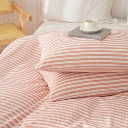Full Comforter Set Pink White Stripes Pattern Comforter Full Modern Style Striped Comforter with 2 Pillowcases Lightweight 3 Pieces Boho Bedding Comforter Farmhouse Striped Fluffy Comforter Set