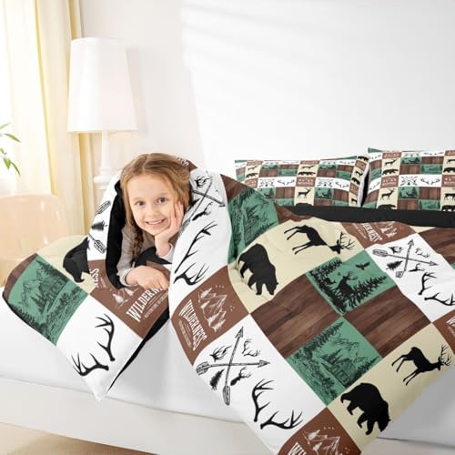 Hunting Bear Deer Bedding Set, Farmhouse Lodge Cabin Comforter Set Full Size for Kids Boys Teens Bedroom Decor, Rustic Woodland Moose Duvet Insert Western Country Patchwork Quilt with 2 Pillow Cases