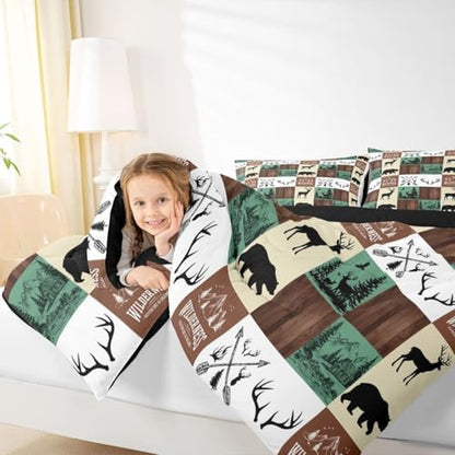 Hunting Bear Deer Bedding Set, Farmhouse Lodge Cabin Comforter Set Full Size for Kids Boys Teens Bedroom Decor, Rustic Woodland Moose Duvet Insert Western Country Patchwork Quilt with 2 Pillow Cases