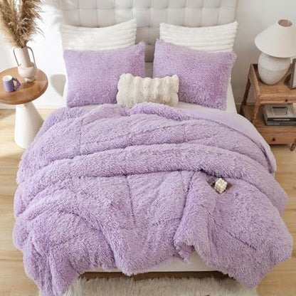 Smoofy Fluffy King Size Comforter Set, Purple Faux Fur Comforter Set 3 Pcs