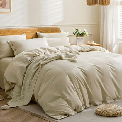 JELLYMONI Cotton Duvet Cover Twin Size - Light Khaki Comforter Cover with Button 100% Washed Cotton 2PCS Breathable Soft Solid Bedding Set Duvet Cover 68×90in & 1 Pillowcase (NO Comforter)