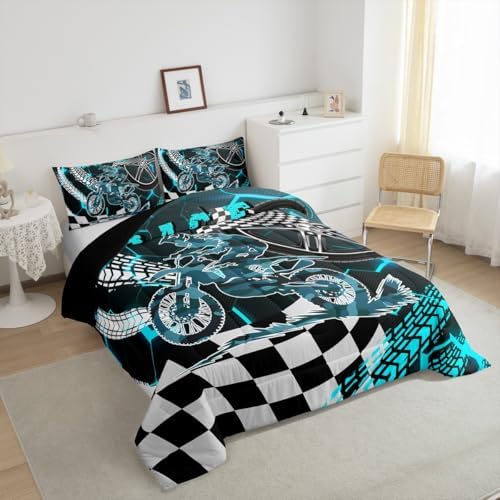 Racing Motorcycle Comforter Set Queen Cyan Neon Lights Honeycomb Bedding Set Dirt Bike Motocross Quilt Glitter Geometric Hexagon Beehive Duvet Insert,Black White Grid Lattice Buffalo Plaid Decor