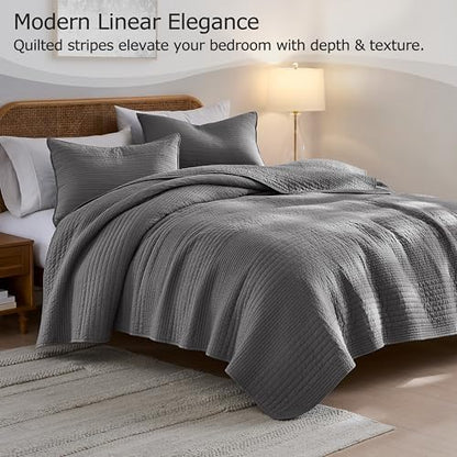 palassio Striped Dark Grey 100% Cotton Quilt Queen Size Bedding Sets, Lightweight Crinkly Channel Pick Stitch Textured Bedspread Soft Shabby Chic Farmhouse Country Coverlet for All Season, 2 Shams