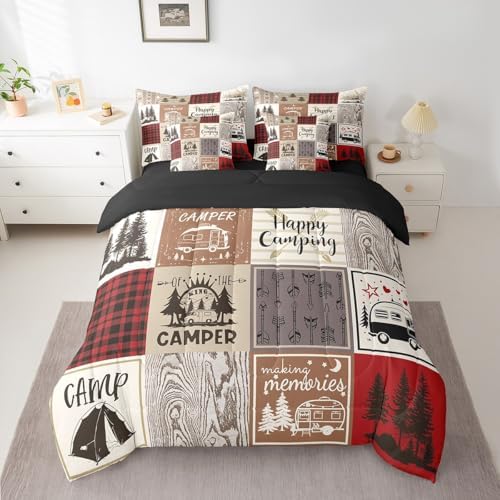 Erosebridal Rv Short Queen Comforter for Camper Happy Camping Bunk Bed in A Bag 7 Piece Camper Accessories Bedding for Travel Trailers,Patchwork Buffalo Plaid Pine Tree Arrow Bed Set Red Brown