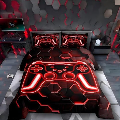 Erosebridal Gaming Comforter Set Neon Honeycomb Gamer Girl Toddler Bedding Set, Video Game Consoles Comforter Red Hexagon Lights Quilt,Kids Bedroom Decor