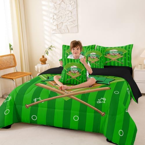 Erosebridal Boys Baseball Gaming Pattern Boys Kids Green 7 Piece Bedding Set Twin | Ball Games Sports Theme Comforter Set with Sheets Playground Bed in A Bag Stripes Geometric Bed Sets