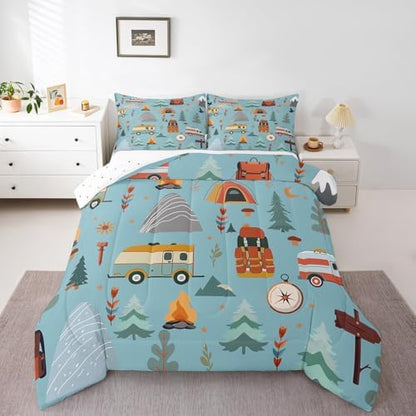 Feelyou Happy Camping Comforter Set for Kids Boys Girls Full Size Outdoor Themed Bedding Set Soft Travel Bag Tent Print Duvet Quilt Travel Trailers Comforter Camping Gifts Duvet Quilt