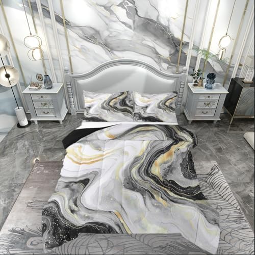 jejeloiu Gray Marble Comforter Set Full Size Modern Marble Aesthetic Bedding Set for Kids Boys Girls Retro Watercolor Duvet Quilt Abstract Texture Bedroom Decor Microfiber 3 Pcs with 2 Pillow Cases