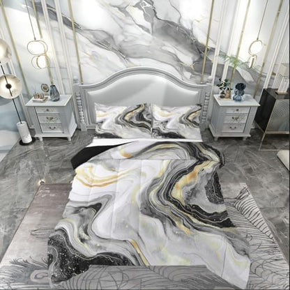 jejeloiu Gray Marble Comforter Set Full Size Modern Marble Aesthetic Bedding Set for Kids Boys Girls Retro Watercolor Duvet Quilt Abstract Texture Bedroom Decor Microfiber 3 Pcs with 2 Pillow Cases