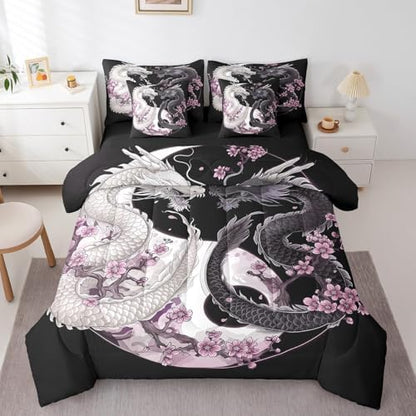 Feelyou Dragon Comforter Set 7 Pieces Twin Size Yin Yang Cherry Flower Bedding Set for Boys Girls Wildlife Bed in a Bag with Comforter, Sheets, Pillowcases & Cushion Covers