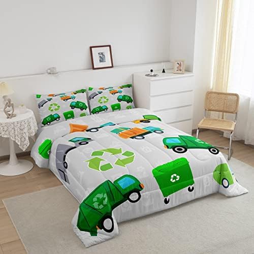Feelyou Green Garbage Truck Bedding Set - Cartoon Trash Truck Comforter Set for Kids Boys Girls Teens - Green Vehicle Car Comforter Duvet Set with 1 Pillow Case