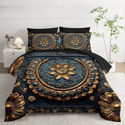 7 Piece Bed in A Bag Black and Gold Mandala Comforter Set King Size，Mandala Bedding Set King，(1 Comforter, 1 Flat Sheet, 1 Fitted Sheet, 2 Pillowcase and 2 Pillow Sham)，Mandala Bedroom Decor
