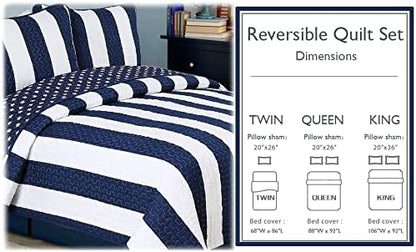 Cozy Line Home Fashions Sailor Popeye 's Bedding Quilt Set, Nautical Navy Blue White Star Striped 100% Cotton Reversible Coverlet Bedspread for Kids Boy (Sailor Star, Twin - 2 Piece)