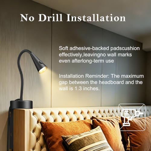 Headboard Reading Light, Black Bedside Lamp, No-Drill Book Light for Bedtime Reading, Dimmable LED, Flexible Gooseneck, 360°Adjustable, Plug-in Reading Lamp Movable-2 Pack