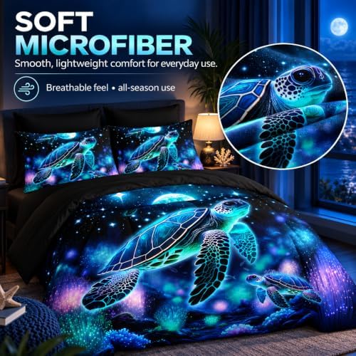 AILONEN Blue Turtle Comforter Set Twin Size,7-Piece Soft Bed in a Bag,Fairy Ocean Sea Turtle Comforter & Fitted Sheet with Flat Sheet & 2 Pillowcases,2 Pillow Shams for Bedroom