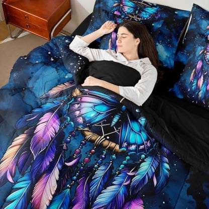 Erosebridal Blue Butterfly Dream Catcher King Bed in A Bag 7 Piece Marble Comforter Set with Sheets Boho Gypsy Butterfly Bedding Sets for Kids Girls Women,Indian Hippie Feather Bed Set
