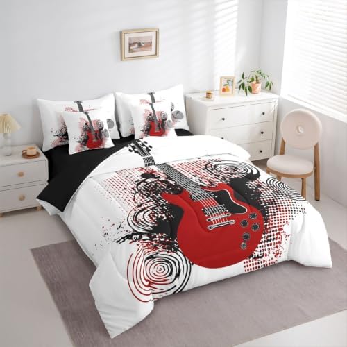 Erosebridal Guitar 7 Piece Bedding Set Queen Rock Music Comforter Set with Sheets Electric Guitar Bed in A Bag Black Spiral Grunge Style Bed Sets with 2 Pillowcases, 2 Throw Pillow Covers