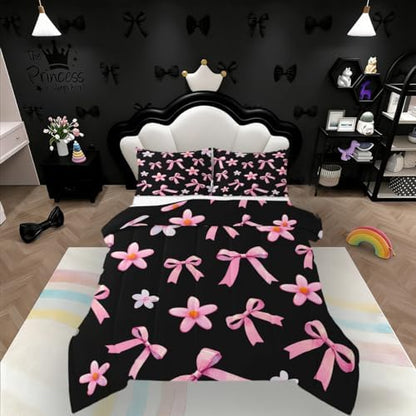 jejeloiu Watercolor Bow Kids Comforter Set Full Size Kawaii Bowknot Bedding Set Dreamy Princess Style Duvet Quilt for Kids Boys Girls Bedroom Cute Bow Decor Microfiber Ultra Soft Breathable