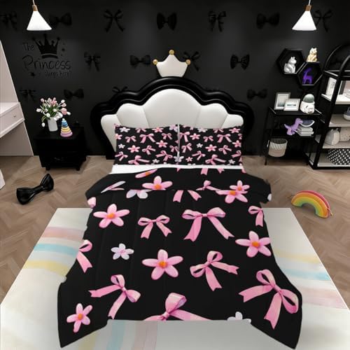 jejeloiu Watercolor Bow Kids Comforter Set King Size Kawaii Bowknot Bedding Set Dreamy Princess Style Duvet Quilt for Kids Boys Girls Bedroom Cute Bow Decor Microfiber Ultra Soft Breathable