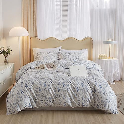 mixinni Girls Blue Flower Leaves Pattern on White Duvet Cover Twin Size Soft Cotton Bedding Comforter Cover Set with Zipper Closure 4 Corner Ties for Teenage Girls (1 Duvet Cover + 2 Pillowcases)