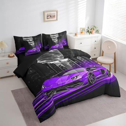 Feelyou Purple Race Car Comforter Set with Sheets Queen Size Kids Speed Sports Car 7 Pieces Bedding Set Boys Girls Teens Racing Car Bed in a Bag Extreme Sports Street Bed Set Gothic Modern City