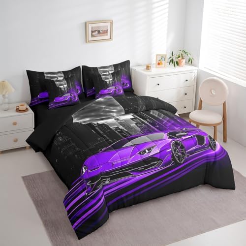 Feelyou Purple Race Car Comforter Set with Sheets Full Size Kids Speed Sports Car 7 Pieces Bedding Set Boys Girls Teens Racing Car Bed in a Bag Extreme Sports Street Bed Set Gothic Modern City