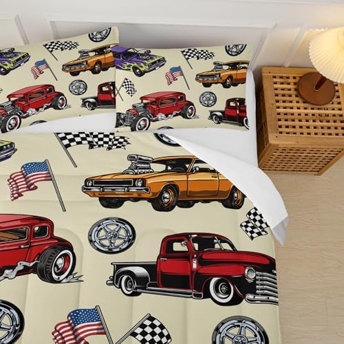 Race Car Comforter Set Queen for Boys, Vintage Race Car Queen Size Bedding, Soft American Flag Comforter, Cars Themed Bedroom Decor,Ideal for Race Car Lovers