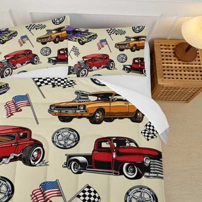 Race Car Comforter Set Queen for Boys, Vintage Race Car Queen Size Bedding, Soft American Flag Comforter, Cars Themed Bedroom Decor,Ideal for Race Car Lovers