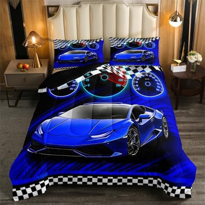 Feelyou Blue Race Car Bedding Set for Kids Boys Girls Queen Size