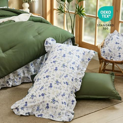 WONGS BEDDING 8PC King Comforter Set, Ruffle Comforter with Floral Sheets