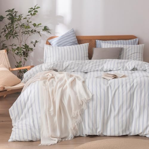 BESTOUCH Striped Cotton Duvet Cover Set Linen Feel Queen