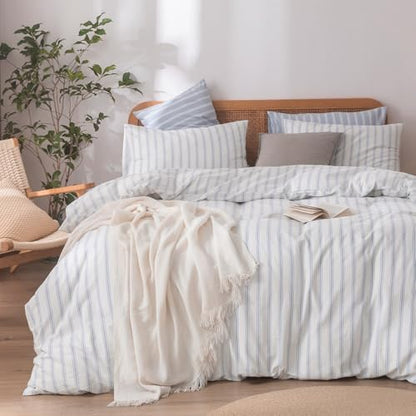 BESTOUCH Striped Cotton Duvet Cover Set Linen Feel Queen
