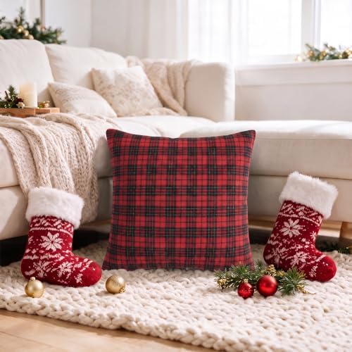 AVOIN colorlife Christmas Red Black Plaid Decorative Throw Pillow Covers, 18 x 18 Inch Holiday Scottish Tartan Cushion Case Farmhouse Decoration for Sofa Couch Set of 2