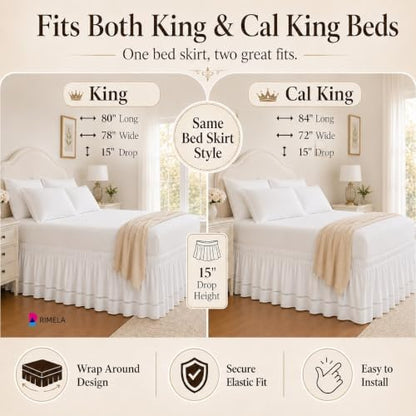 Ruffled Lace Bed Skirt King 15" Drop, Elastic Wrap Around Bedskirt