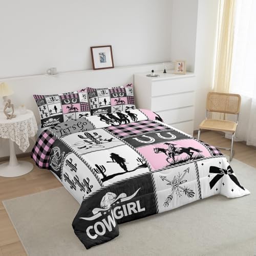 Western Cowgirl Kids Comforter Set Queen Size,Cactus Horseshoe Cowgirl Boot Rustic Bedding Set,Girls Women Room Decor,Bow Cow Skull Patchwork Down Comforter,Pink Fashion Duvet Insert,2 Pillowcases