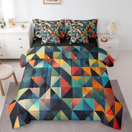 Erosebridal Colorful Triangle Bed in A Bag with Sheets Full Geometric Grid Plaid 7 Piece Comforter Set Modern Aesthetic Bedding Set for Kids Boys Girls,Abstract Bedding Comforter Sets