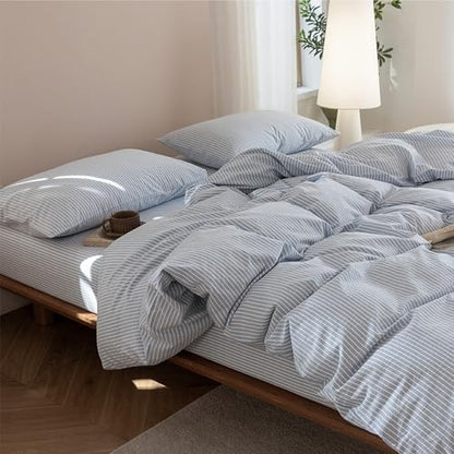 JIYUAN Super King Plus Washed Cotton Duvet Cover Set Linen-Like Pinstripe