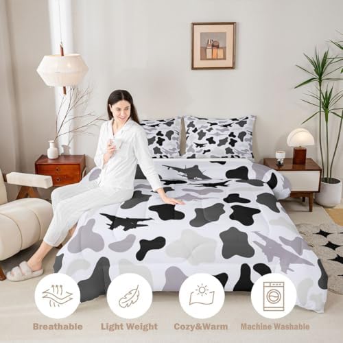 Manfei Grey Camouflage Comforter Set Queen Size,Military Aircraft Camo Bedding Set 3pcs,Airplane Themed Camo Down Comforter for All Season,Kids Boys Girls Room Decor,2 Pillowcases,No Sheets