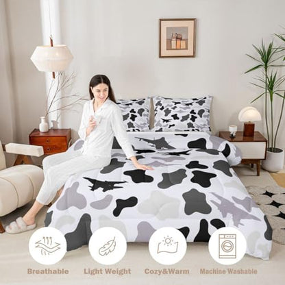 Manfei Grey Camouflage Comforter Set Queen Size,Military Aircraft Camo Bedding Set 3pcs,Airplane Themed Camo Down Comforter for All Season,Kids Boys Girls Room Decor,2 Pillowcases,No Sheets