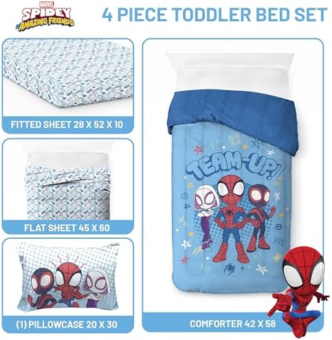 Marvel Spidey and Friends Toddler Size Comforter Set 4 Piece Bedding, Blue