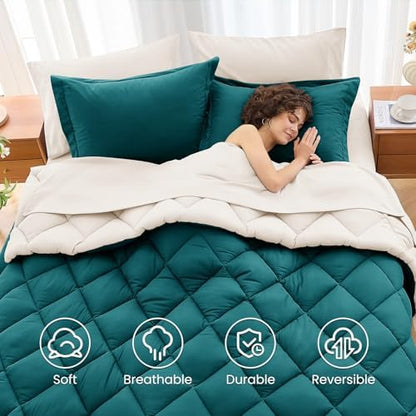 MUXHOMO 7 Pieces Full Comforter Set, Reversible Bed in a Bag Full Size, All Season Bedding Set with Comforter, Flat Sheet, Fitted Sheet, Pillowcases & Shams, Peacock Blue & Ivory