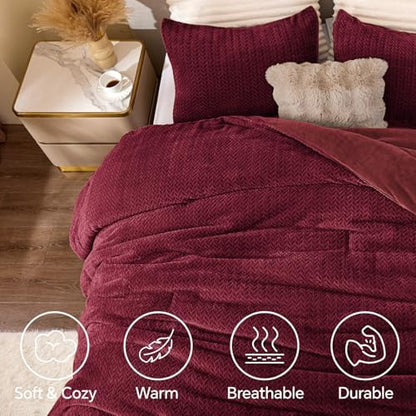 ChiXpace Fleece Queen Comforter Set Burgundy, Fluffy Bed Set 3 Pieces