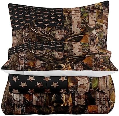 Tailor Shop Deer Comforter Sets for Boys Kids Teens,American Flag Camo Bedding Sets Queen Size Hunting Comforter Sets Woodland Moose Wildlife Forest Bed Set, with 1 Comforter 2 Pillowcase…
