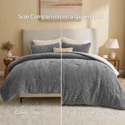 BEDELITE Fluffy Sherpa King Comforter Set,Leaf-Grey
