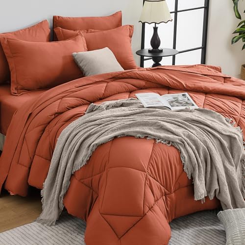 HEVUMYI 7-Piece Queen Comforter Set, Burnt Orange Bed in a Bag