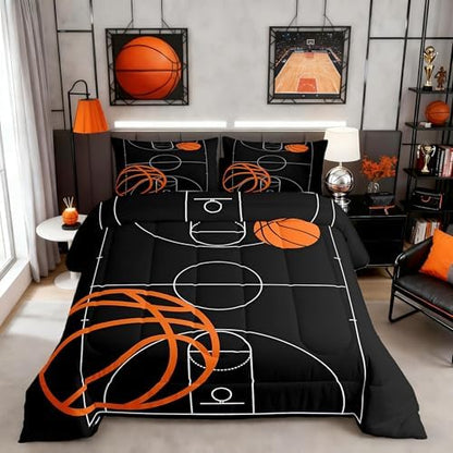 Castle Fairy Basketball Full Size Comforter Set Sports Theme Bedding Set for Kids Adults Teens Basketball Court Comforter Luxury Black and Orange Quilt Set Room Decor 3Pcs